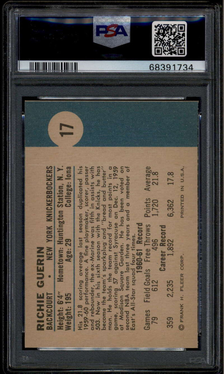 1961-62 Fleer 17 Richie Guerin Rookie RC PSA 6 E-X-MT