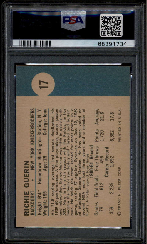 1961-62 Fleer 17 Richie Guerin Rookie RC PSA 6 E-X-MT
