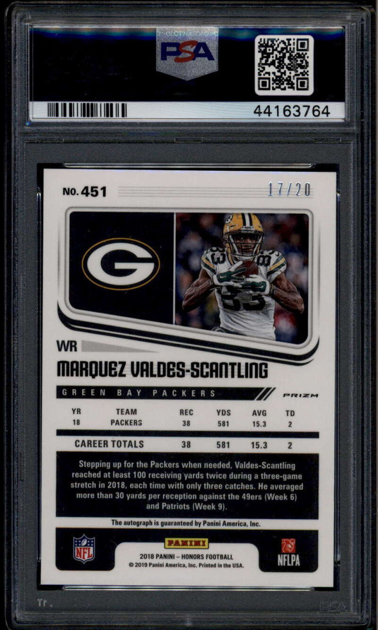2018 Score Rookie Autograph Red Zone Marques Valdes-Scantling RC Auto /20 PSA 10
