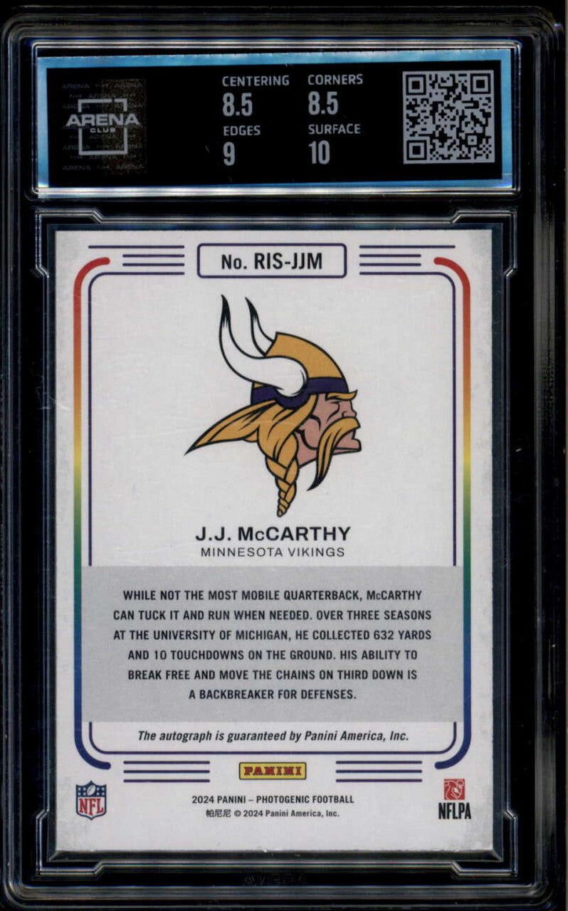SOLD 185711 2024 Panini PhotoGenic Rookie Instants Signatures 3 JJ McCarthy RC Auto ARENA 9
