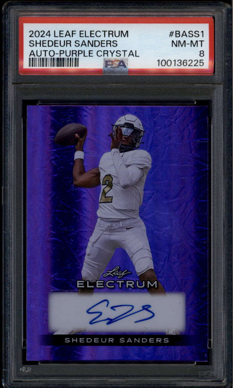 2024 Leaf Electrum Purple Crystals Shedeur Sanders Rookie RC Auto 4/7 PSA 8 NM