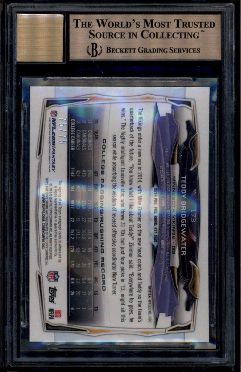 2014 Topps Chrome Autographs Variation 173 Teddy Bridgewater RC Auto /75 BGS 9.5