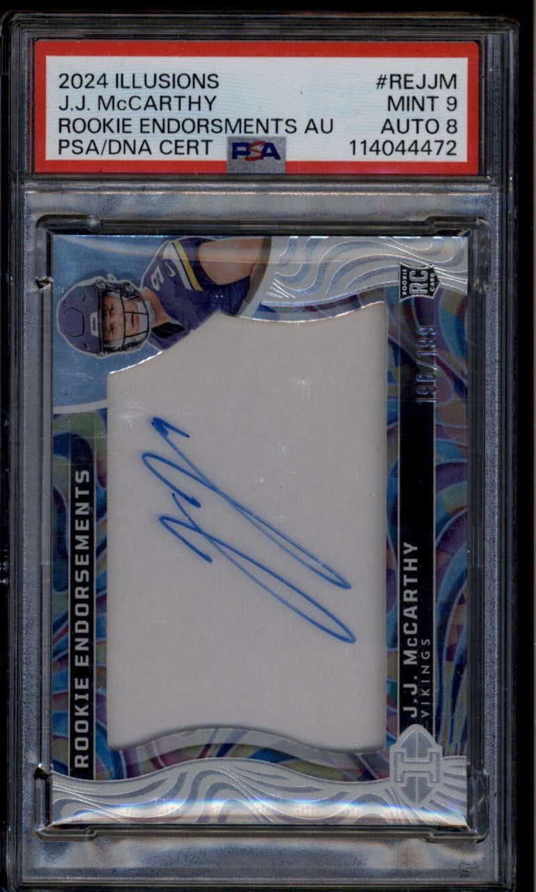 SOLD 185725 2024 Panini Illusions Rookie Endorsements 1 JJ McCarthy RC Auto 196/199 PSA 9