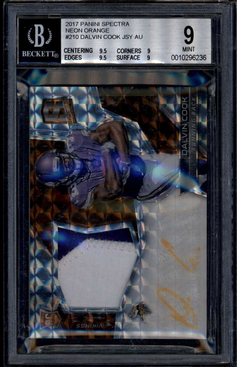 2017 Panini Spectra Neon Orange 210 Dalvin Cook Rookie RC Patch Auto 2/5 BGS 9