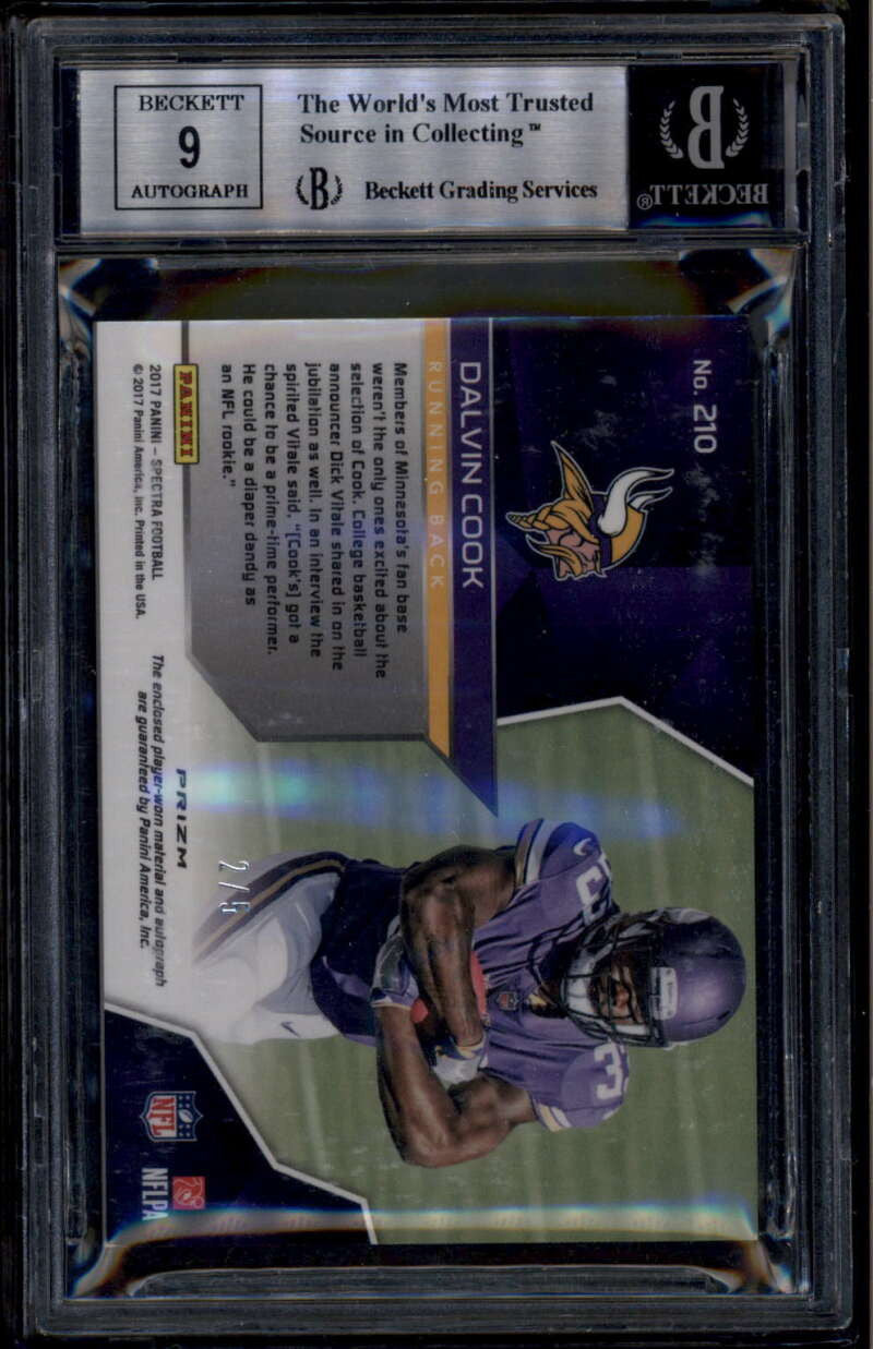 2017 Panini Spectra Neon Orange 210 Dalvin Cook Rookie RC Patch Auto 2/5 BGS 9