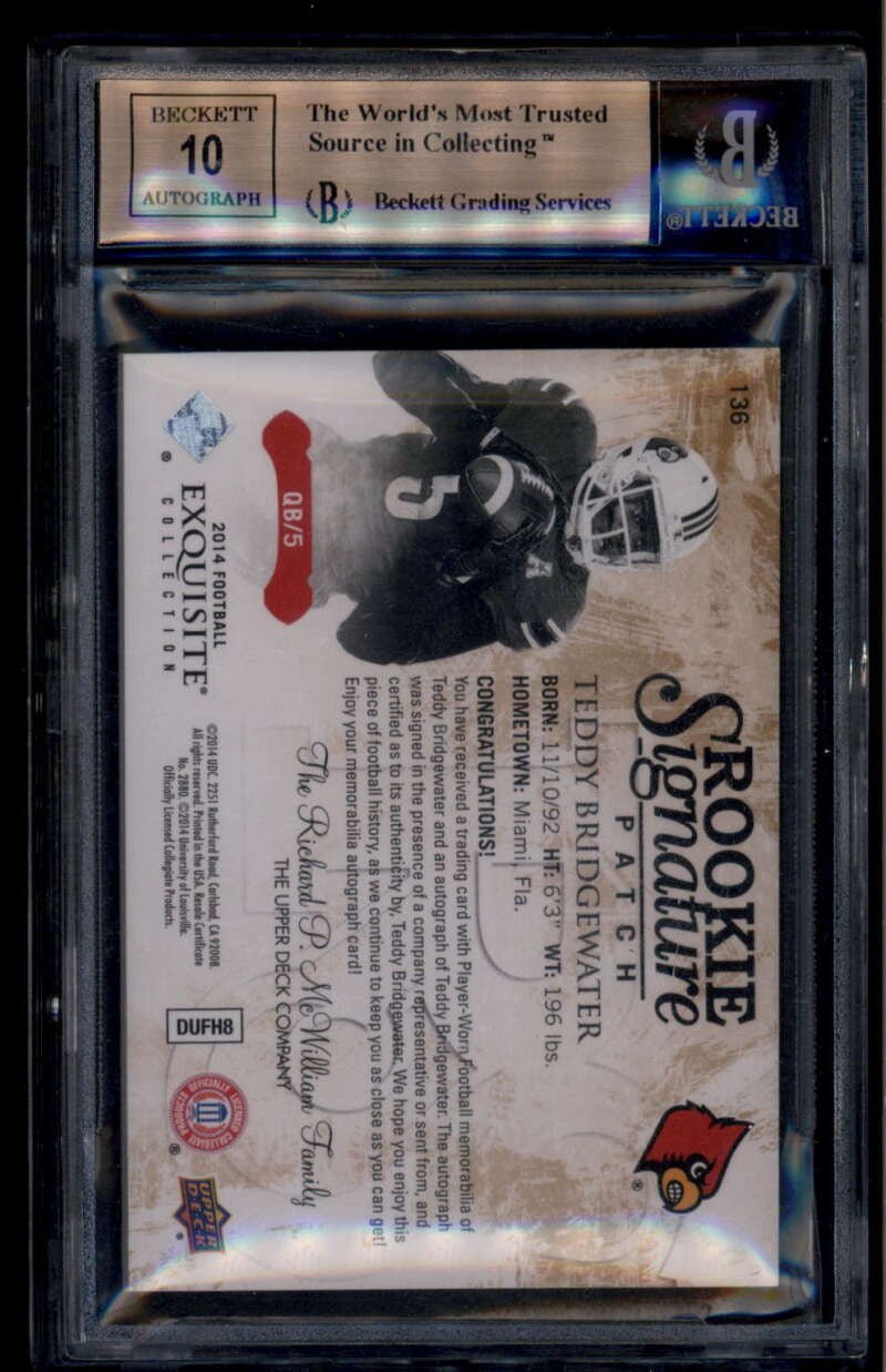 2014 Exquisite Collection 136 Teddy Bridgewater RC Patch Auto 18/20 BGS 9.5 GEM