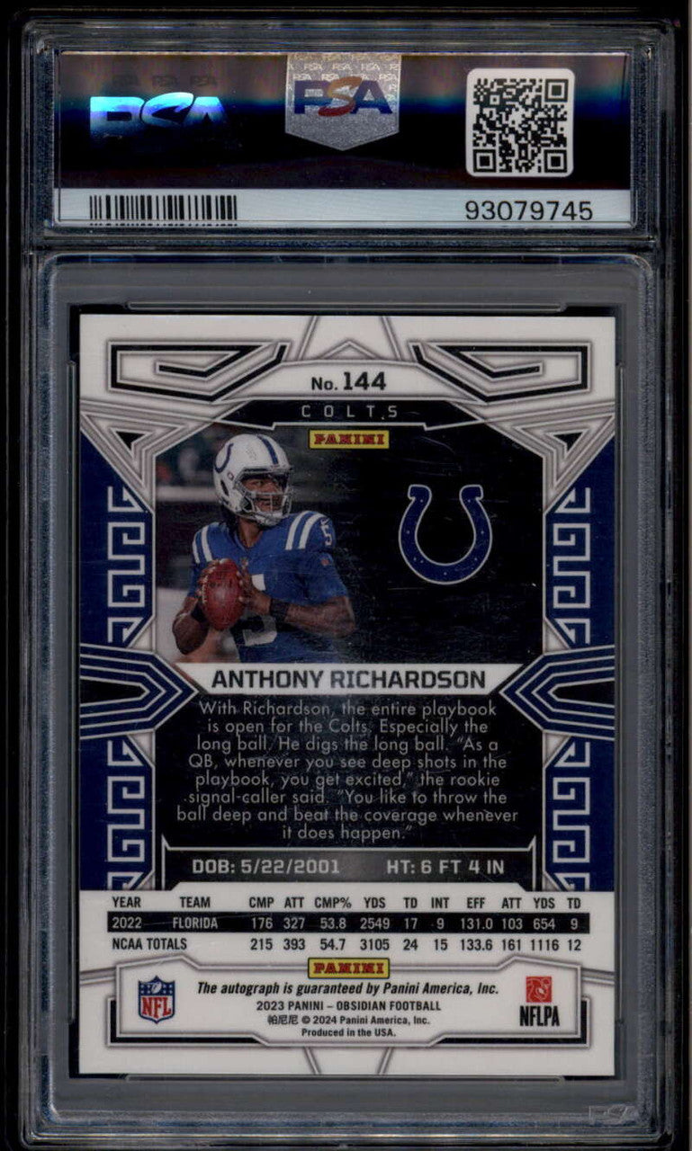 2023 Panini Obsidian Signatures 144 Anthony Richardson Rookie RC Auto PSA 10 GEM