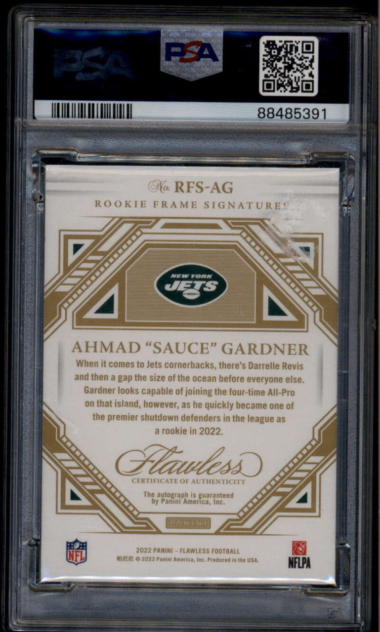 SOLD 185737 2022 Panini Flawless Frame Signatures 15 Ahmad Sauce Gardner RC Auto /10 PSA 9