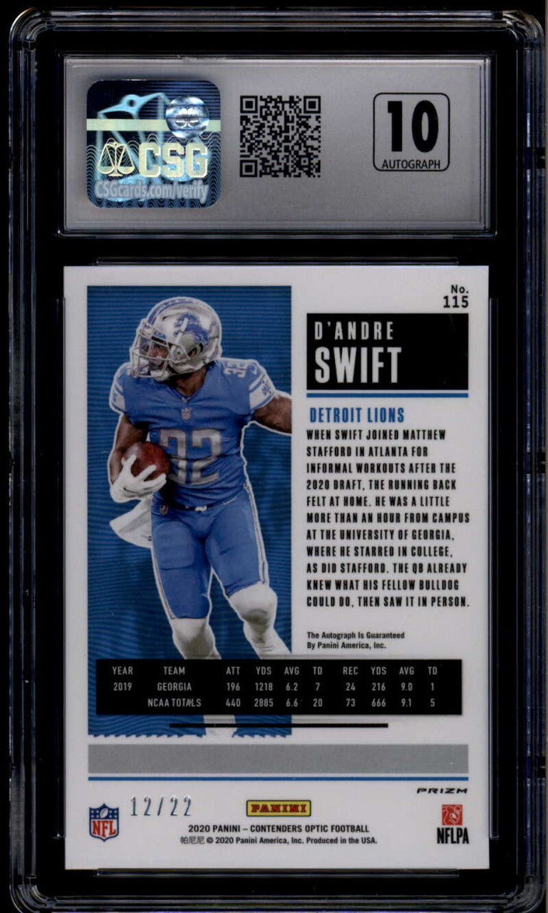SOLD 185743 2020 Panini Contenders Optic Cracked Ice 115 D'Andre Swift RC Auto 12/22 CSG 10