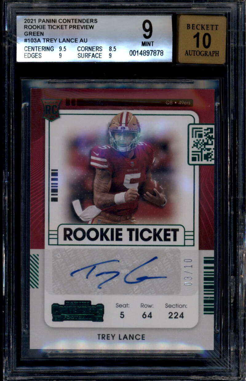 2021 Panini Contenders Rookie Ticket Preview Green Trey Lance RC Auto 3/10 BGS 9
