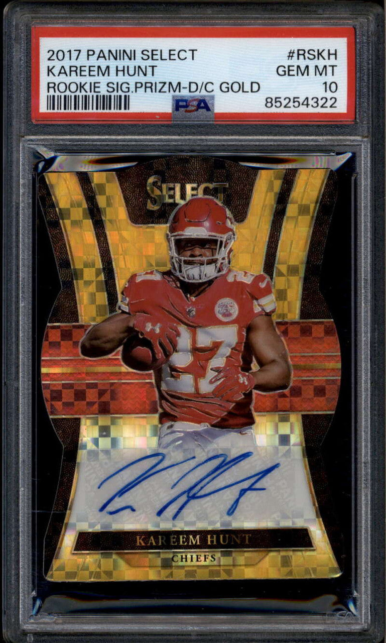 SOLD 185747 2017 Select Rookie Signatures Prizm Gold Die Cut Kareem Hunt RC Auto 9/10 PSA 10