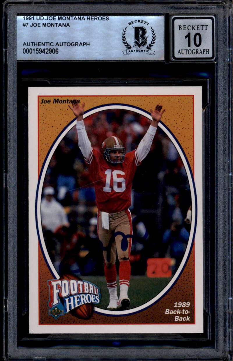 1991 UD Heroes 7 Joe Montana 1989 Back-to-Back BAS Beckett Authentic Auto 10