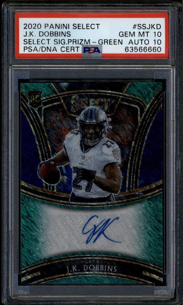 2020 Select Select Signatures Prizm Green J. K. Dobbins Rookie RC Auto /5 PSA 10