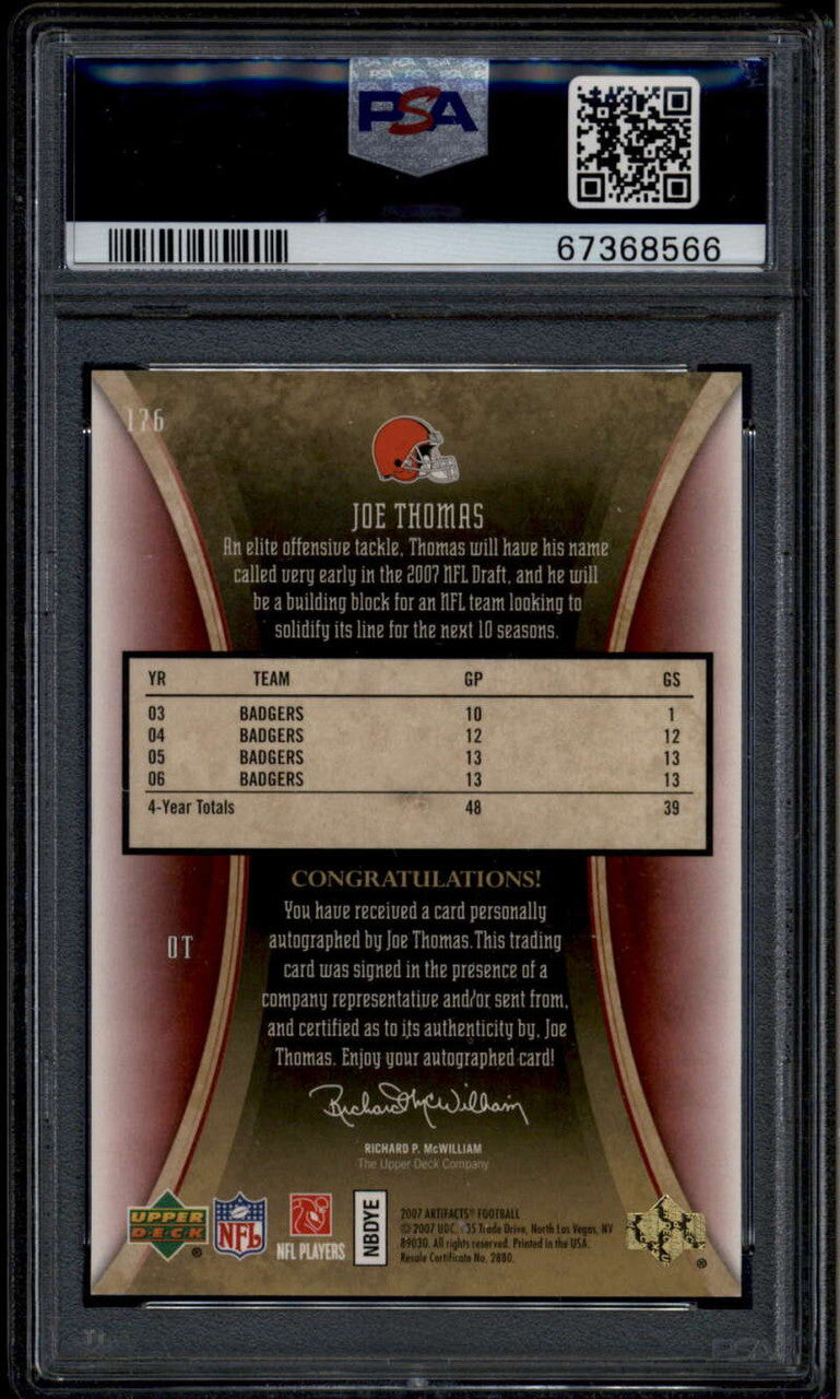 SOLD 185759 2007 Artifacts Rookie Autographs 176 Joe Thomas RC Auto 5/25 PSA 10 GEM MT