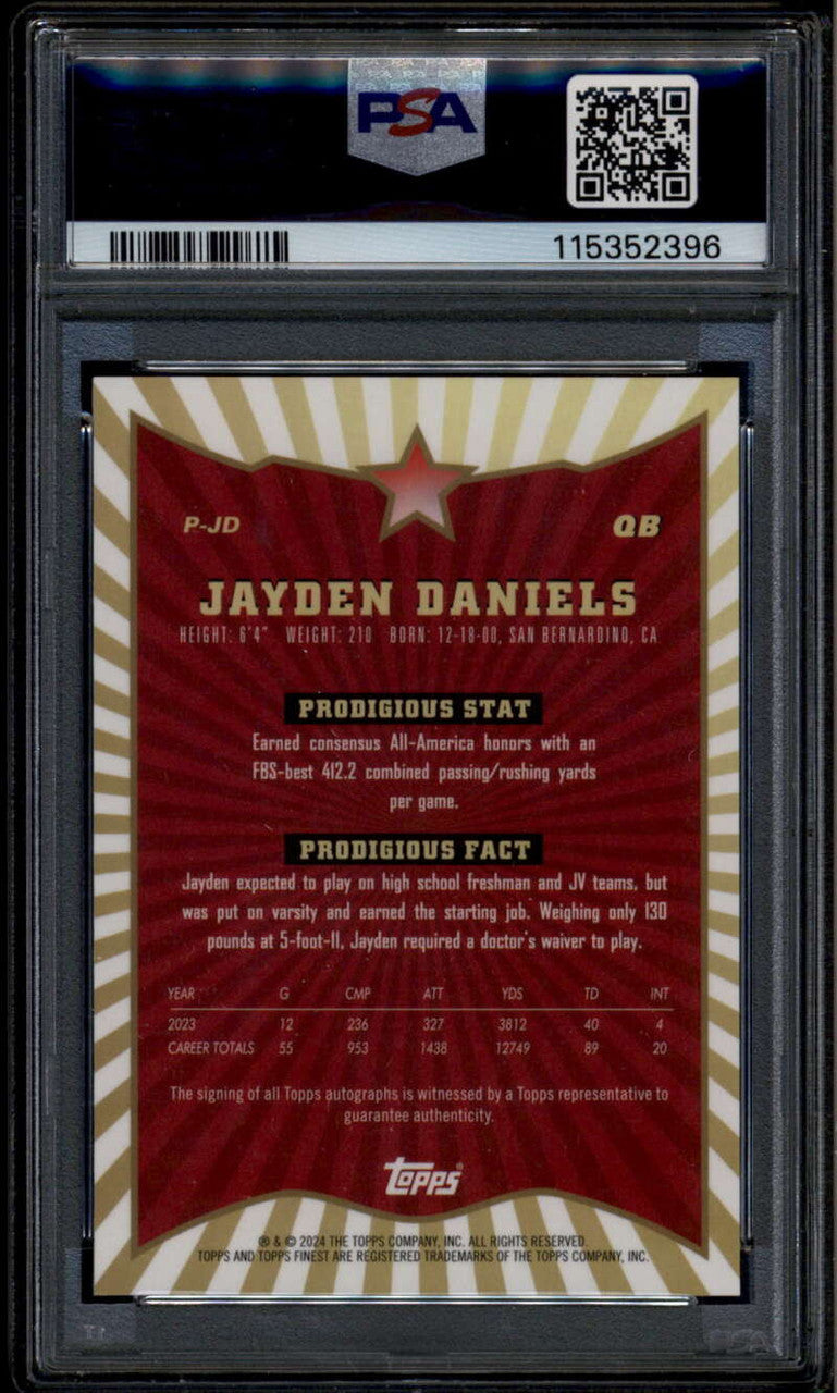 SOLD 185762 2024 Finest Prodigies Autograph Blue Refractor Jayden Daniels RC Auto /99 PSA 10