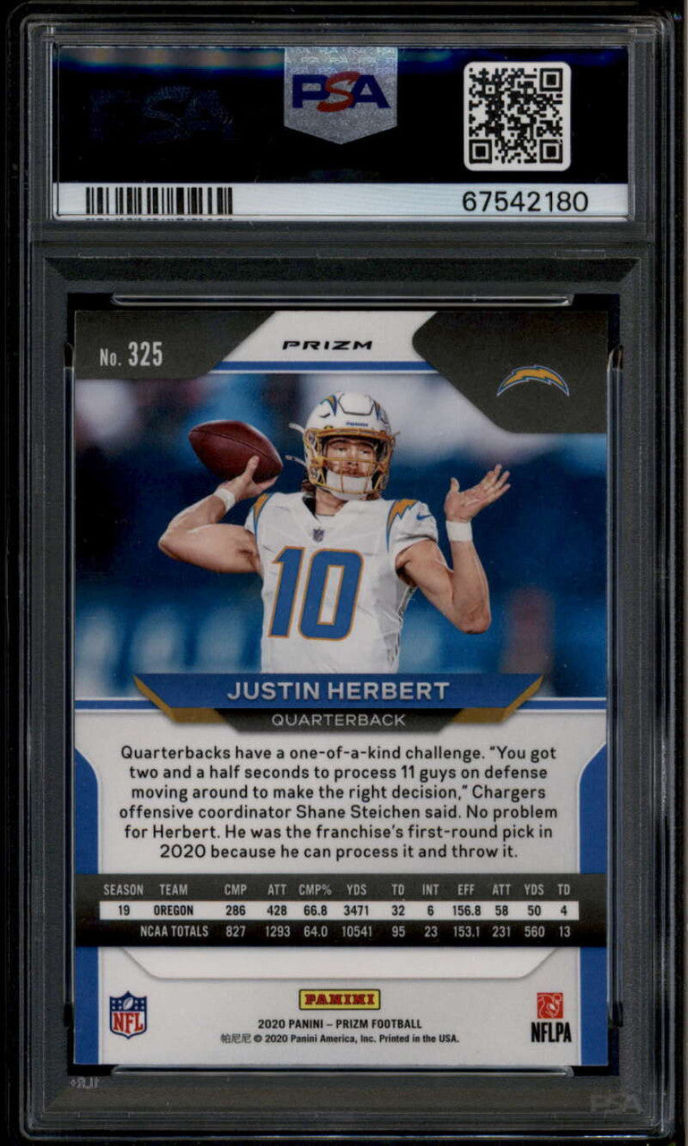 SOLD 185801 2020 Panini Prizm Prizms Orange Lazer 325 Justin Herbert Rookie RC PSA 9 MINT
