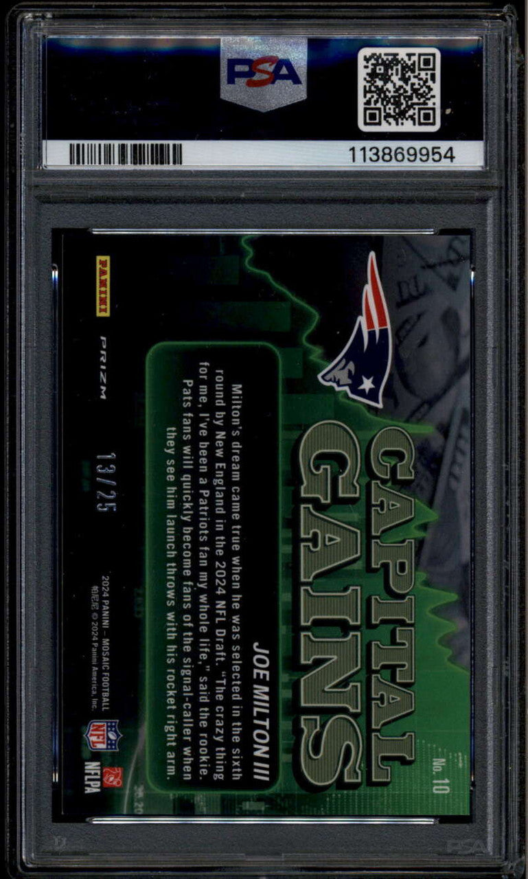 2024 Panini Mosaic Capital Gains White 10 Joe Milton III Rookie RC 13/25 PSA 9