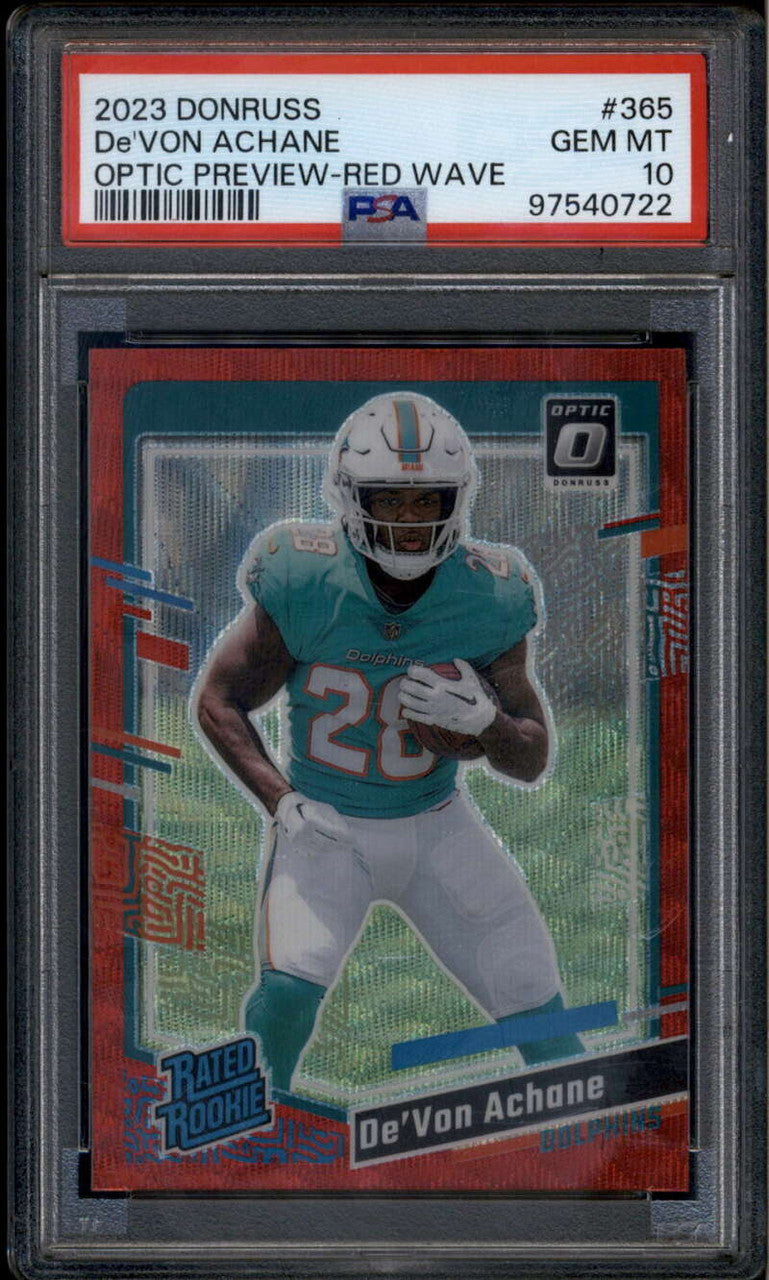 SOLD 185810 2023 Donruss Optic Preview Red Wave 365 De'Von Achane Rookie RC PSA 10 GEM MT