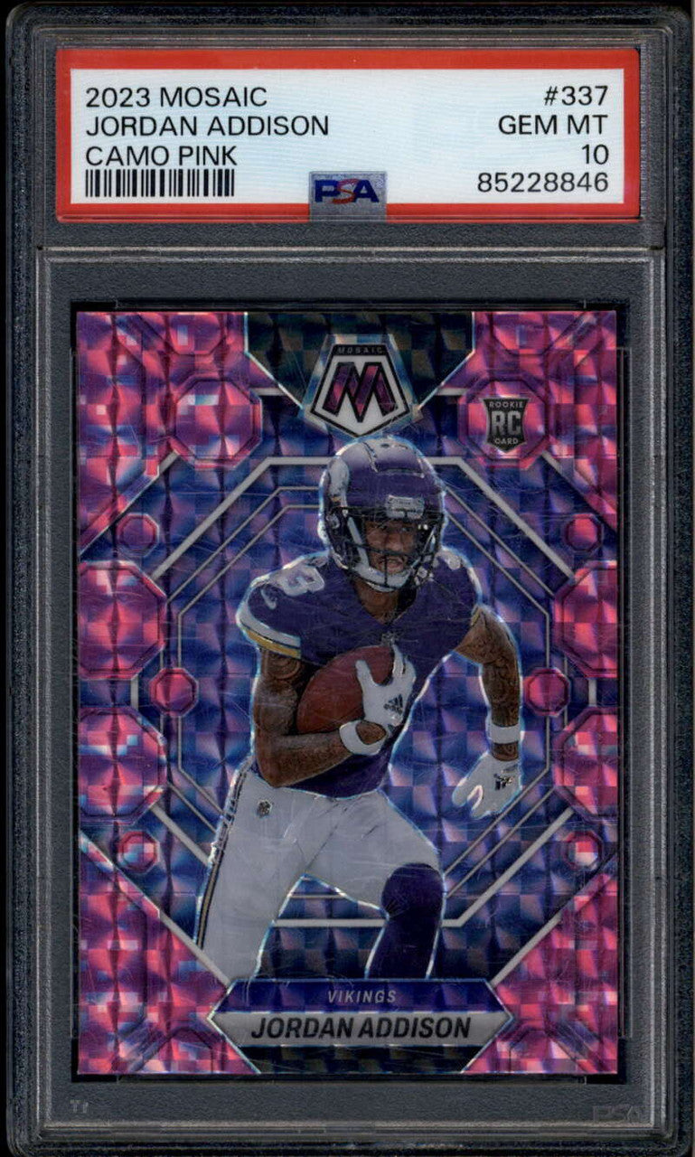 2023 Panini Mosaic Mosaic Camo Pink 337 Jordan Addison Rookie RC PSA 10 GEM MT