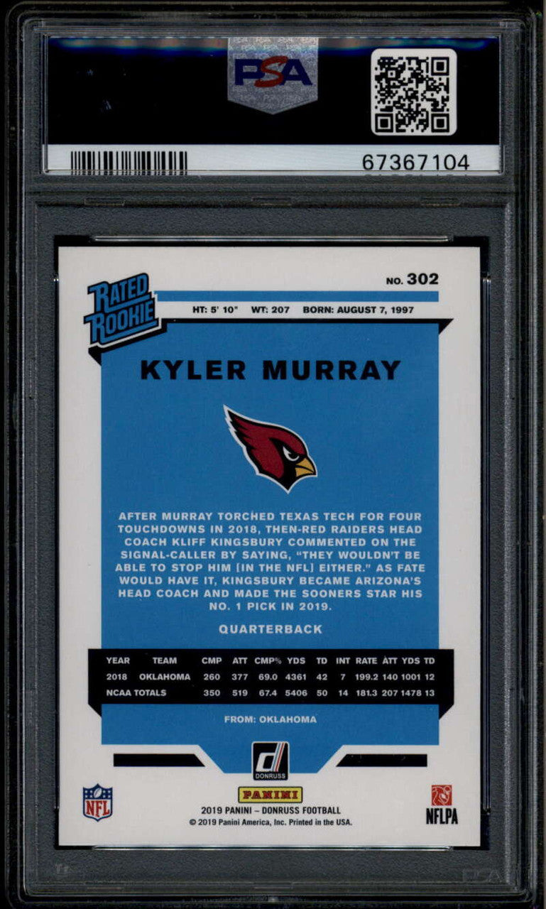 SOLD 185830 2019 Donruss Press Proof Yellow 302 Kyler Murray RR Rated Rookie RC PSA 10 GEM