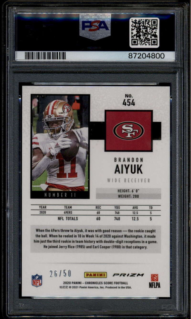 2020 Score Gold Zone 454 Brandon Aiyuk Chronicles Rookie RC 26/50 PSA 10 GEM
