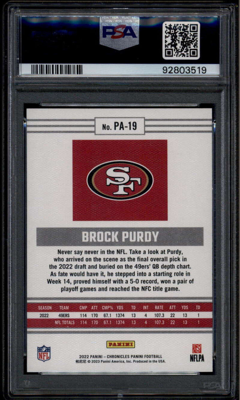SOLD 185836 2022 Panini Chronicles Panini 19 Brock Purdy Rookie RC PSA 10 GEM MT