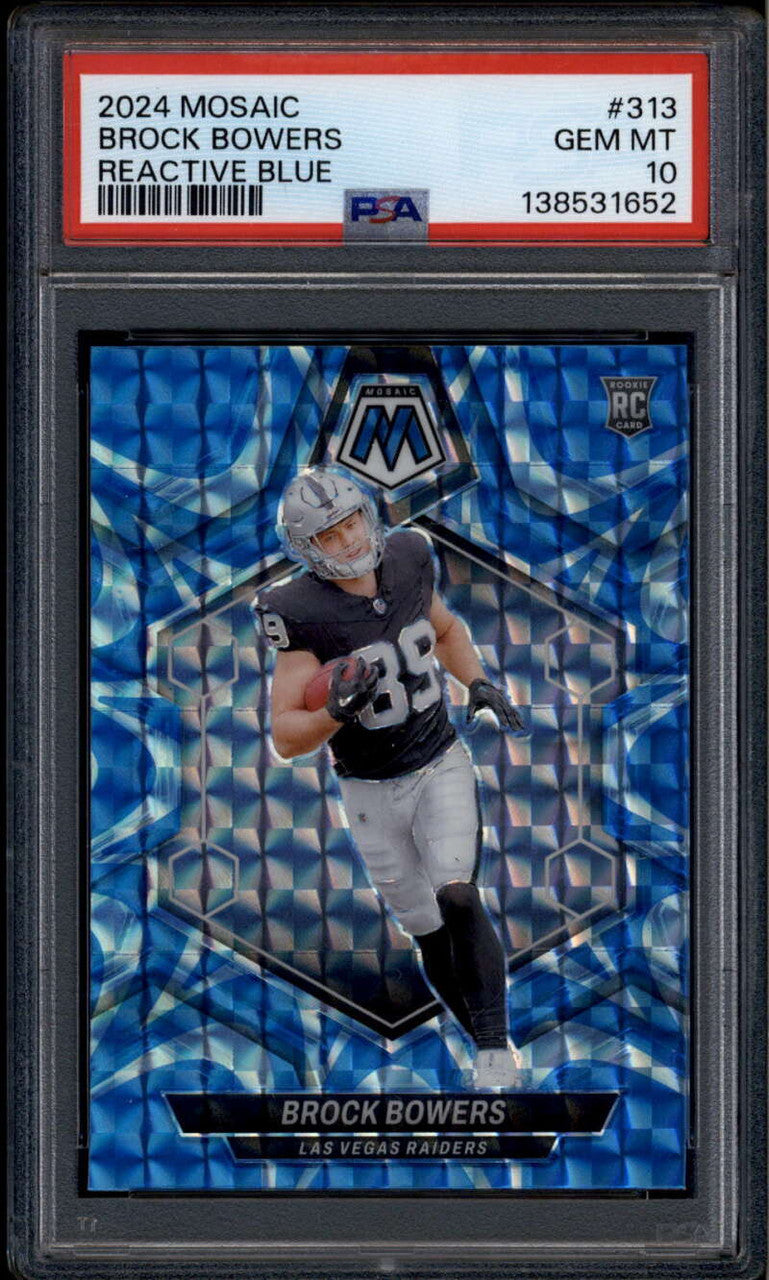 SOLD 185841 2024 Panini Mosaic Reactive Blue Refractor 313 Brock Bowers Rookie RC PSA 10 GEM