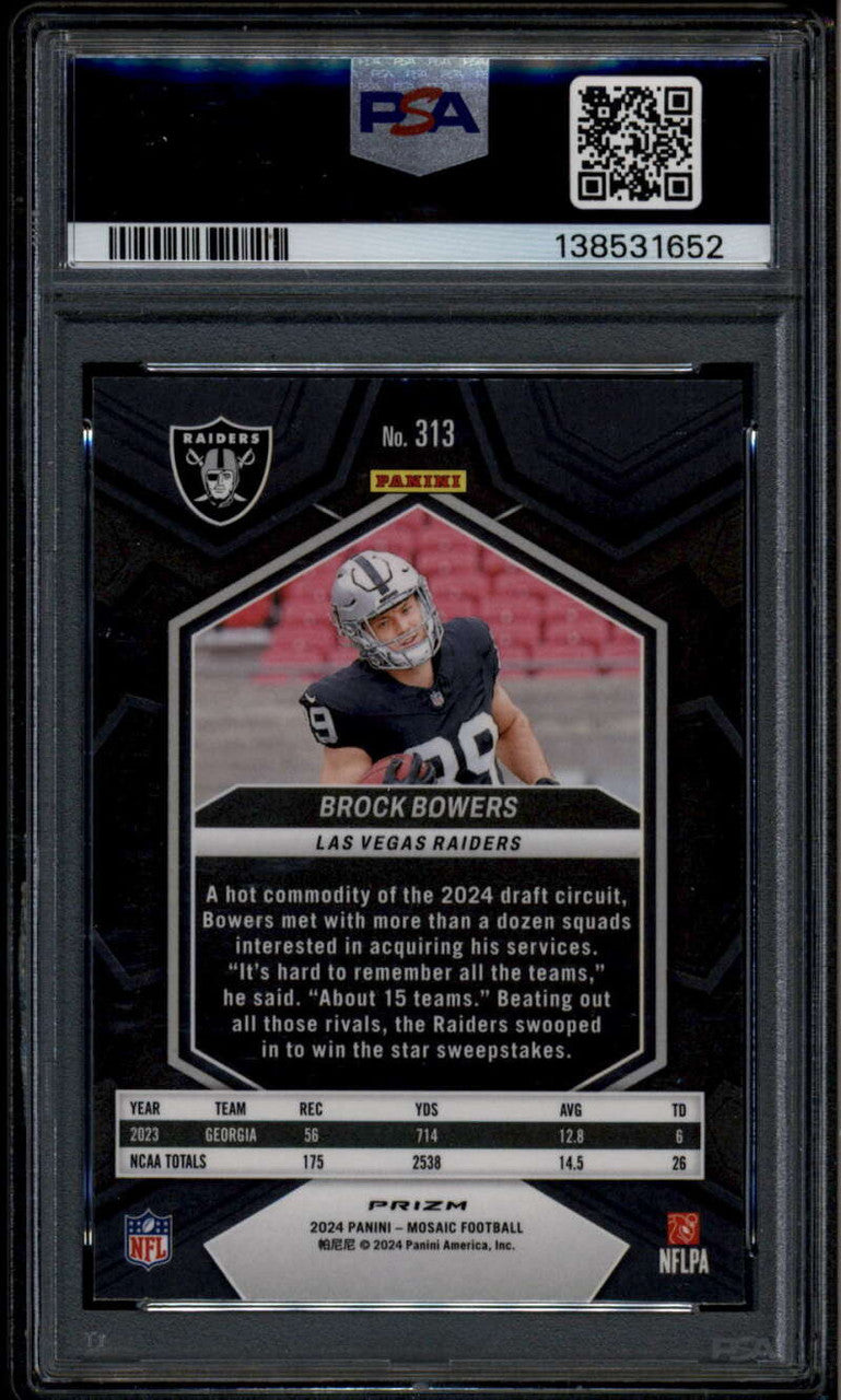 SOLD 185841 2024 Panini Mosaic Reactive Blue Refractor 313 Brock Bowers Rookie RC PSA 10 GEM