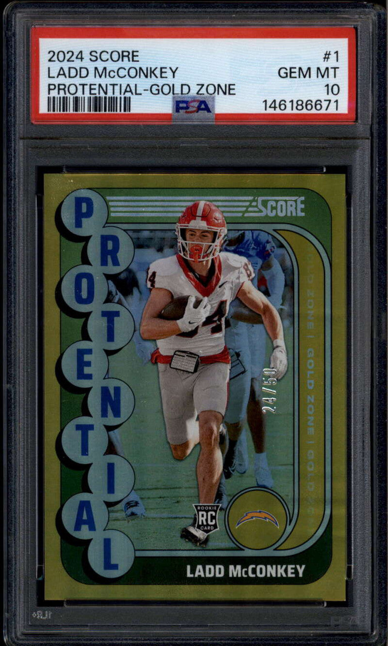 2024 Score Protential Gold Zone 1 Ladd McConkey Rookie RC 24/50 PSA 10 GEM MT