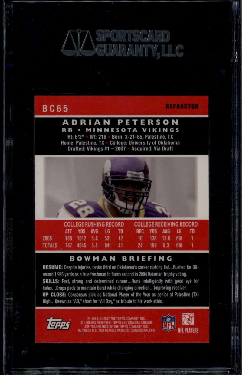 2007 Bowman Chrome Refractor bc65 Adrian Peterson Rookie RC SGC 96 MINT 9