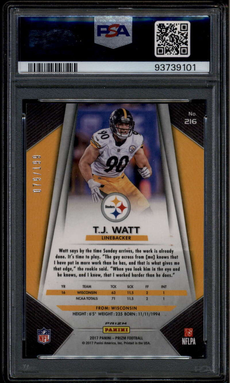 2017 Panini Prizm Prizms Light Blue Refractor 216 T.J. Watt Rookie RC /199 PSA 8