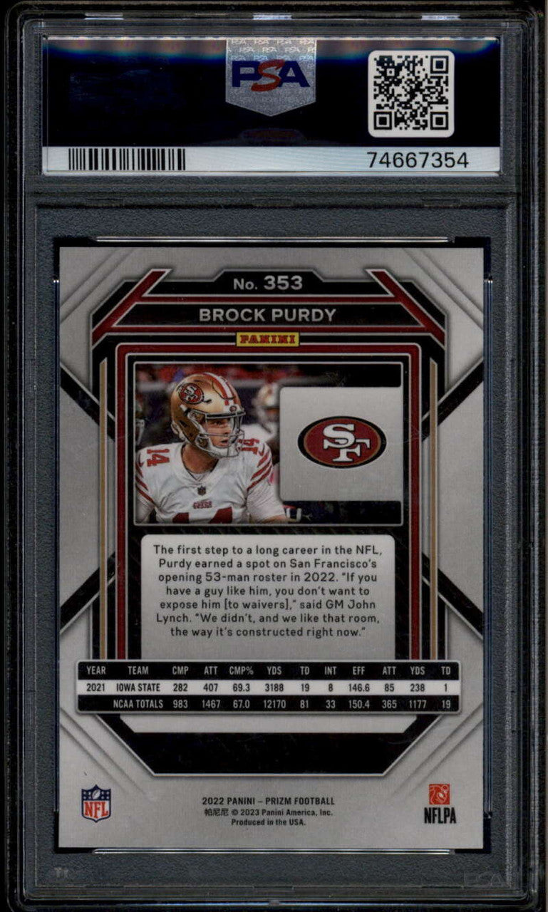 SOLD 185872 2022 Panini Prizm 353 Brock Purdy Rookie RC PSA 10 GEM MT