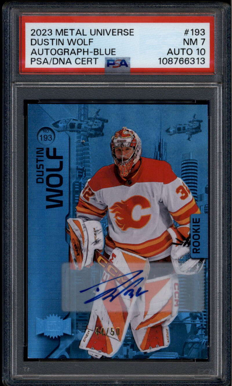 SOLD 185888 2023-24 Metal Universe Autographs Blue Dustin Wolf Rookie RC Auto 44/50 PSA 7 10