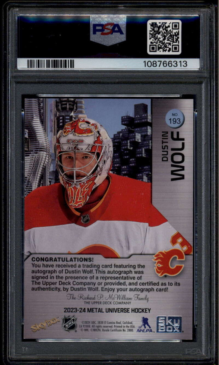 SOLD 185888 2023-24 Metal Universe Autographs Blue Dustin Wolf Rookie RC Auto 44/50 PSA 7 10