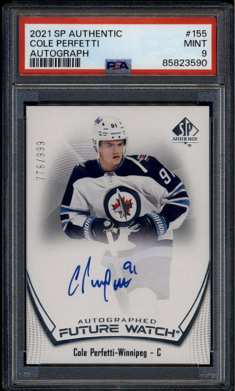 2021-22 SP Authentic 155 Cole Perfetti Rookie RC Auto 776/999 Future Watch PSA 9