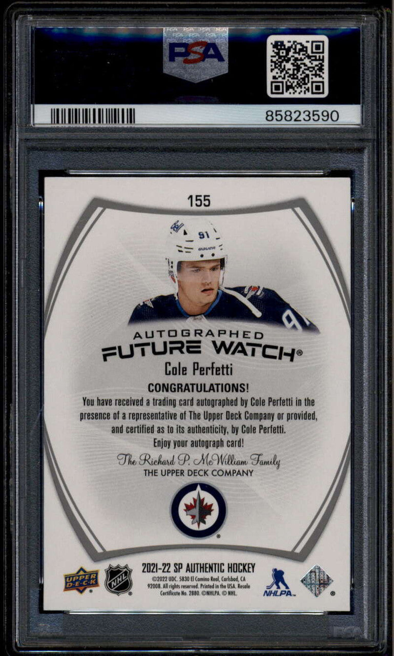 2021-22 SP Authentic 155 Cole Perfetti Rookie RC Auto 776/999 Future Watch PSA 9