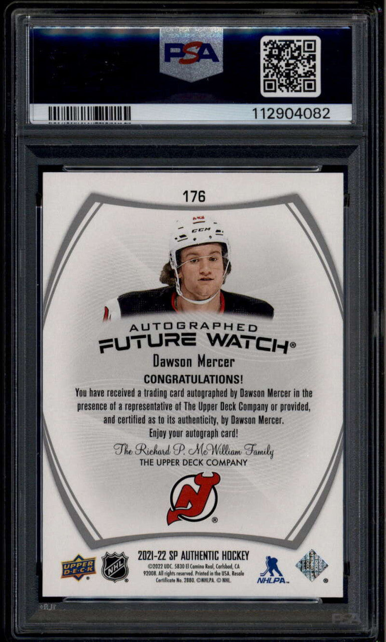 2021-22 SP Authentic 176 Dawson Mercer Rookie RC Auto 669/999 Future Watch PSA 9