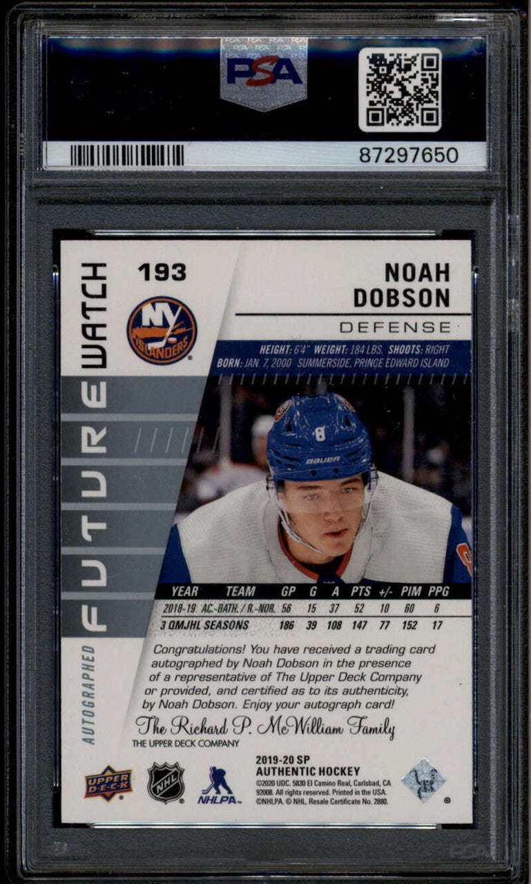 2019-20 SP Authentic 193 Noah Dobson Rookie RC Auto 595/999 Future Watch PSA 10