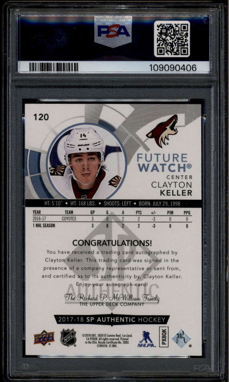 SOLD 185895 2017-18 SP Authentic 120 Clayton Keller Rookie RC Auto /999 Future Watch PSA 10