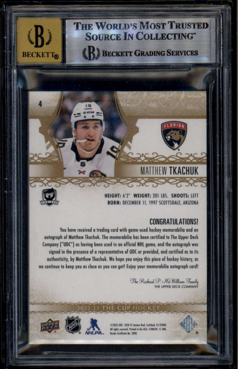 2022-23 The Cup Gold 4 Matthew Tkachuk Patch Auto 2/8 BGS 9 MINT 10