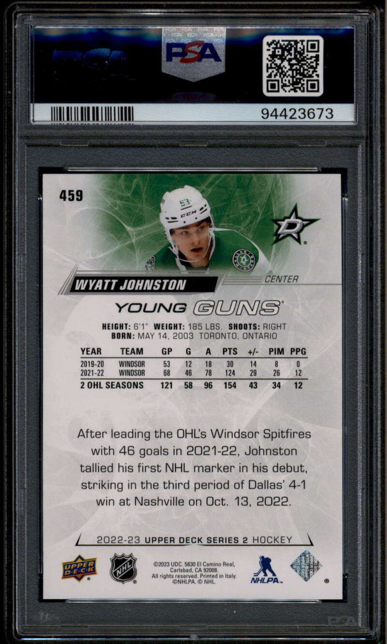 SOLD 185921 2022-23 Upper Deck 459 Wyatt Johnston Rookie RC YG Young Guns PSA 9 MINT