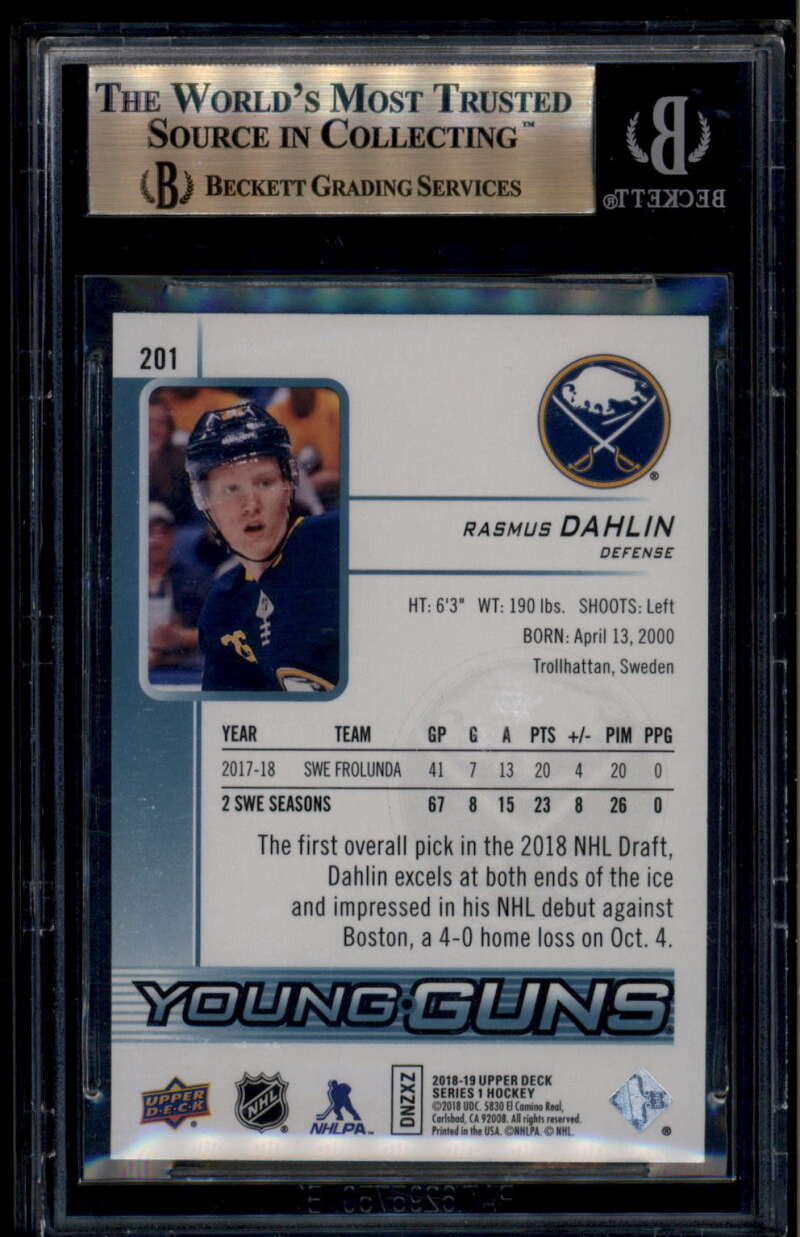 2018-19 Upper Deck 201 Rasmus Dahlin Rookie RC YG Young Guns BGS 9.5 GEM