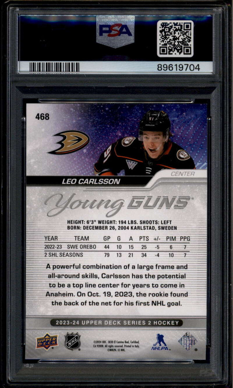 SOLD 185928 2023-24 Upper Deck 468 Leo Carlsson Rookie RC YG Young Guns PSA 9 MINT