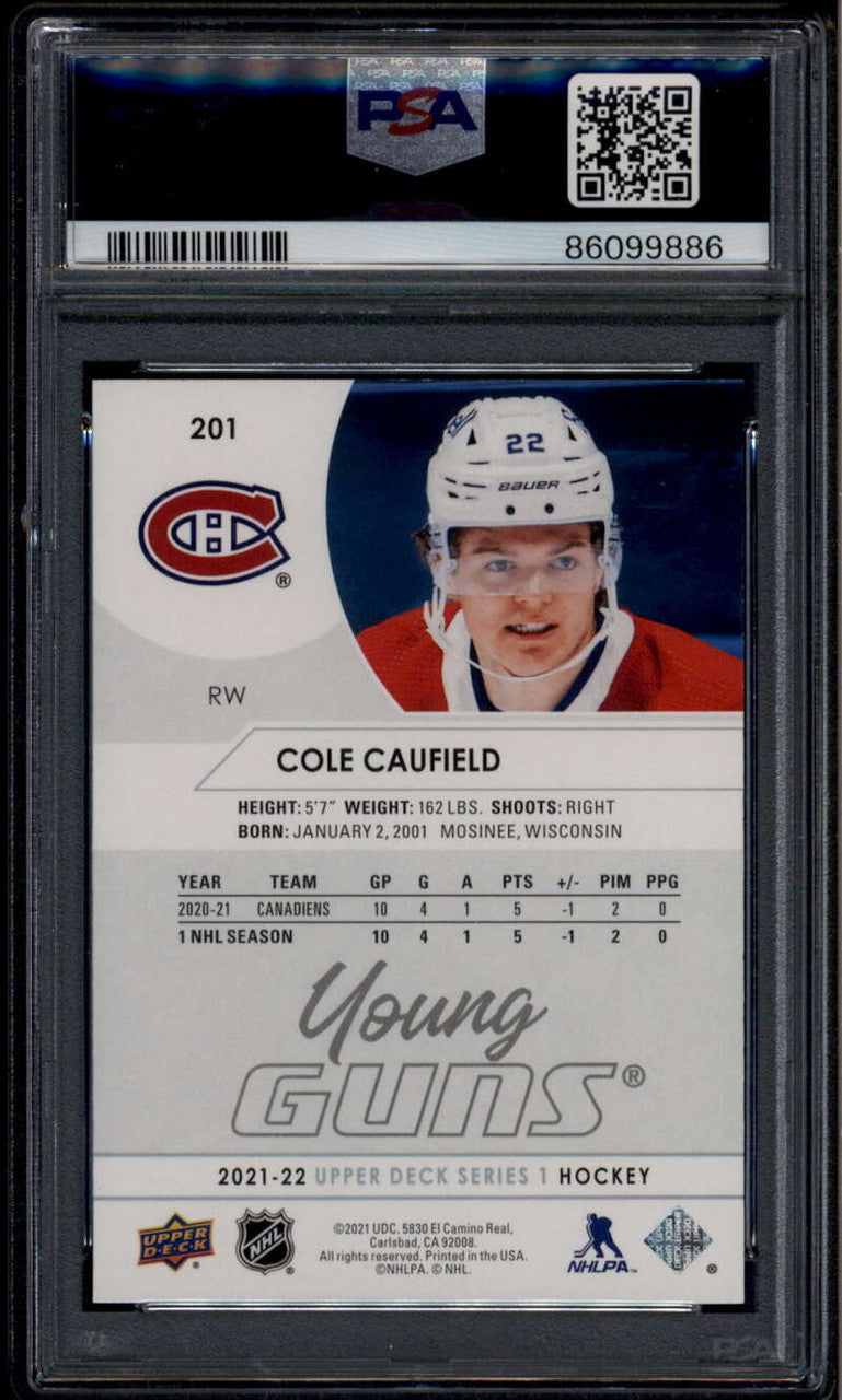 SOLD 185929 2021-22 Upper Deck 201 Cole Caufield Rookie RC YG Young Guns PSA 9 MINT