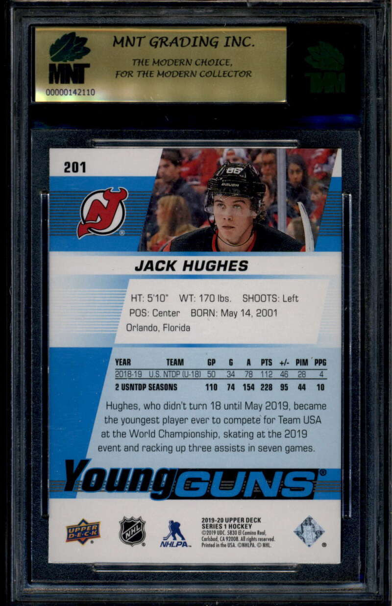 SOLD 185934 2019-20 Upper Deck 201 Jack Hughes Rookie RC YG Young Guns MNT 9.5 GEM MINT