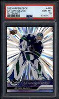 SOLD 185936 2023-24 Upper Deck Outburst Silver 485 Arturs Silovs Rookie RC Young Guns PSA 10