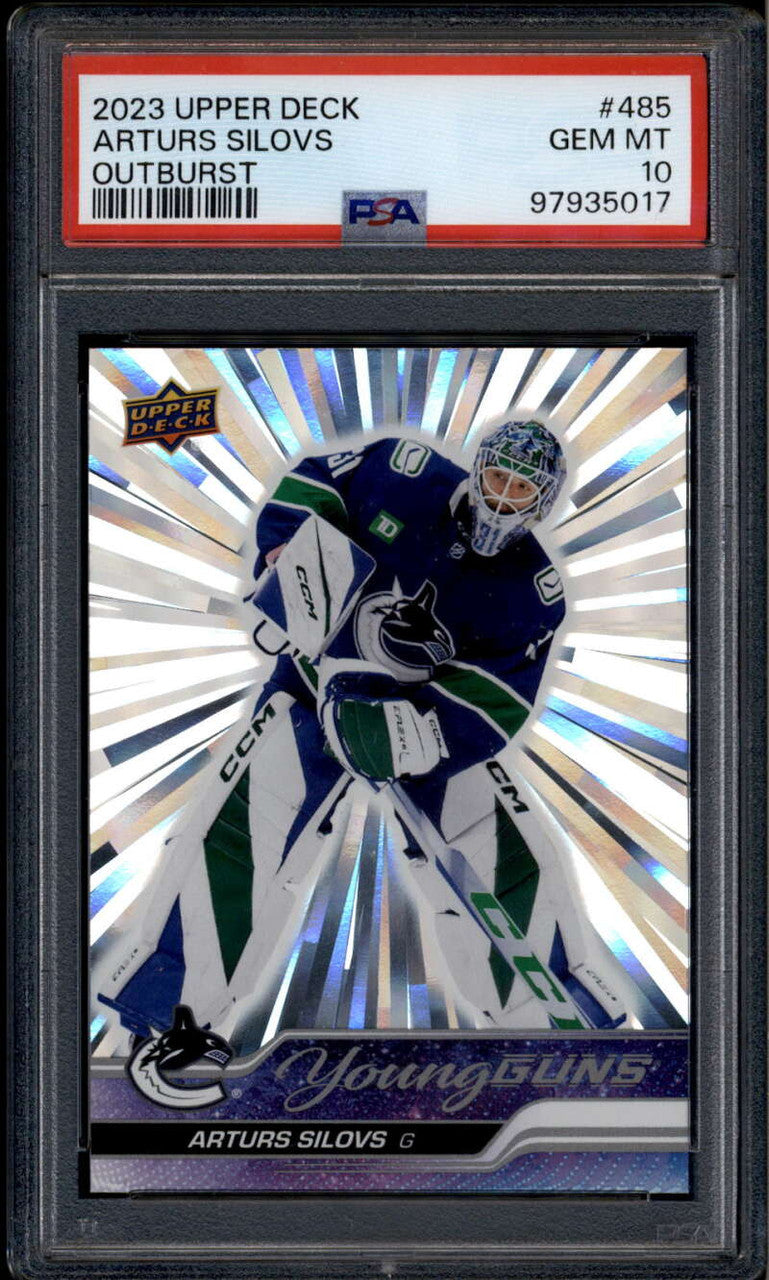 SOLD 185936 2023-24 Upper Deck Outburst Silver 485 Arturs Silovs Rookie RC Young Guns PSA 10