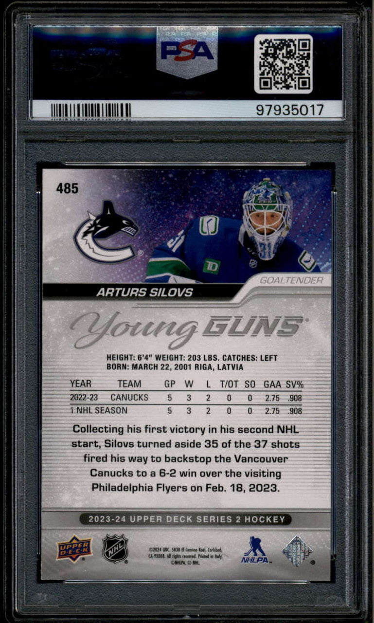 SOLD 185936 2023-24 Upper Deck Outburst Silver 485 Arturs Silovs Rookie RC Young Guns PSA 10