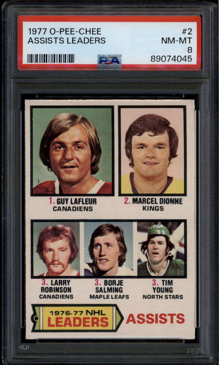 1977-78 O-Pee-Chee 2 Assists Leaders Young Salming Robinson Dionne Lafleur PSA 8