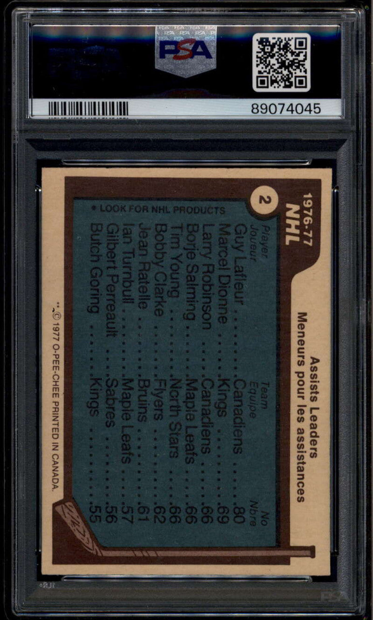 1977-78 O-Pee-Chee 2 Assists Leaders Young Salming Robinson Dionne Lafleur PSA 8